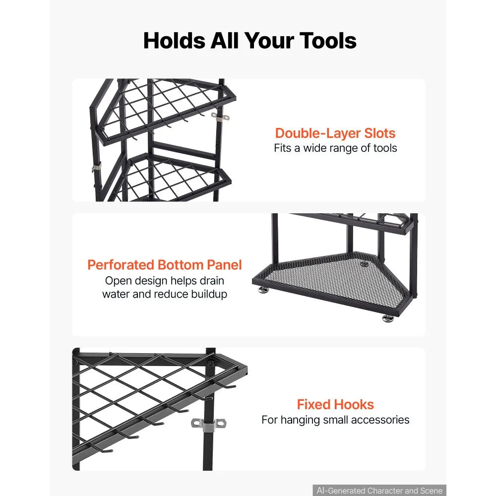 VEVOR Garden Tool Organizer for Corner, 17 Slots, Metal Garage Storage Rack, for Rakes/Shovels/Brooms, Yard Utility Tool Holder for Shed/Outdoor/Lawn Organization, Heavy-Duty Steel, with Hooks, Black
