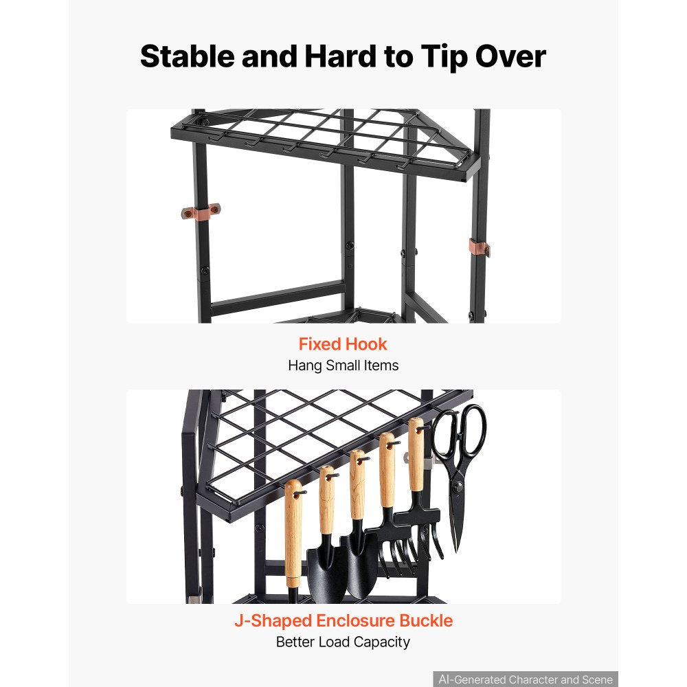 VEVOR Garden Tool Organizer for Corner, 17 Slots, Metal Garage Storage Rack, for Rakes/Shovels/Brooms, Yard Utility Tool Holder for Shed/Outdoor/Lawn Organization, Heavy-Duty Steel, with Hooks, Black