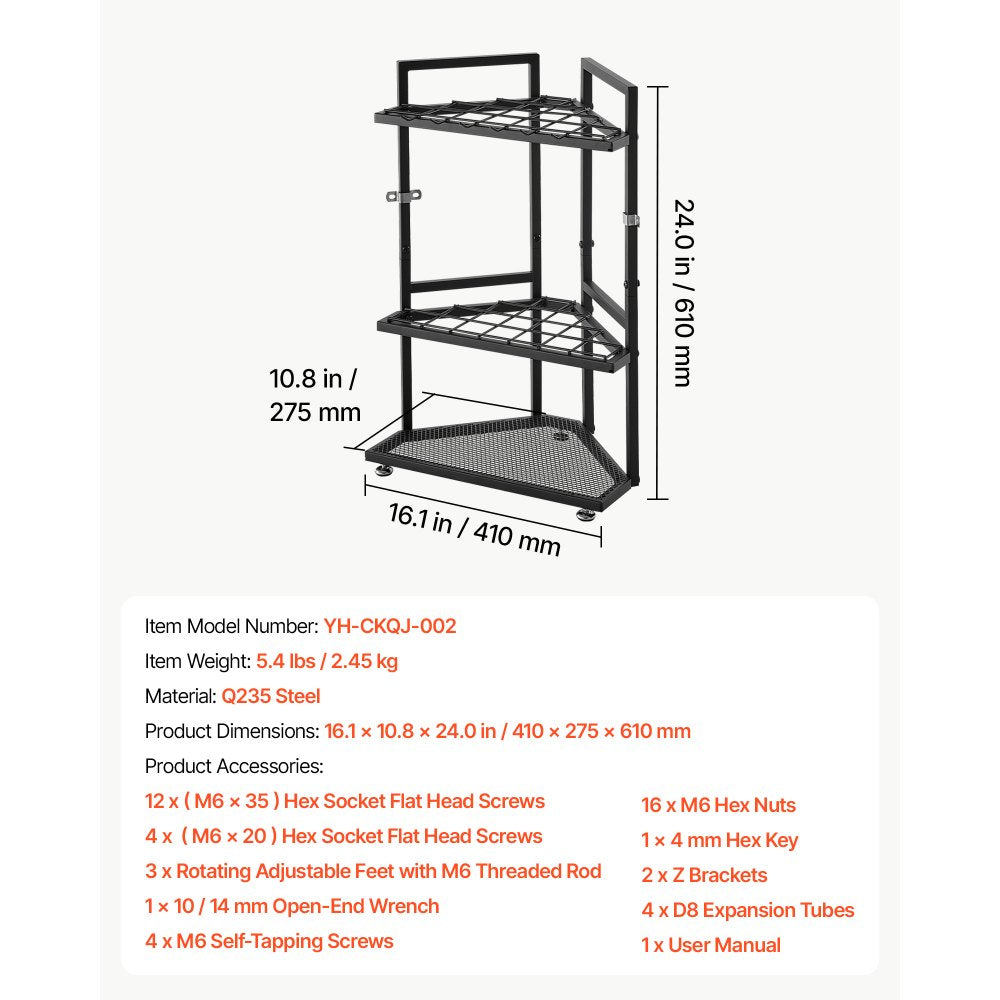 VEVOR Garden Tool Organizer for Corner, 17 Slots, Metal Garage Storage Rack, for Rakes/Shovels/Brooms, Yard Utility Tool Holder for Shed/Outdoor/Lawn Organization, Heavy-Duty Steel, with Hooks, Black