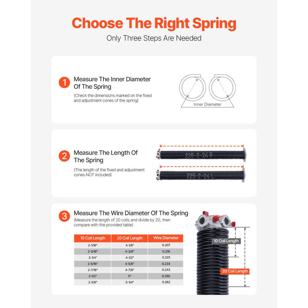 VEVOR Garage Door Torsion Springs, Pair of 0.225 x 2 x 24 in, 16000 Cycles, Electrophoresis Black Coated for Replacement, Garage Door Springs with Non-Slip Winding Bars, Gloves and Mounting Wrench