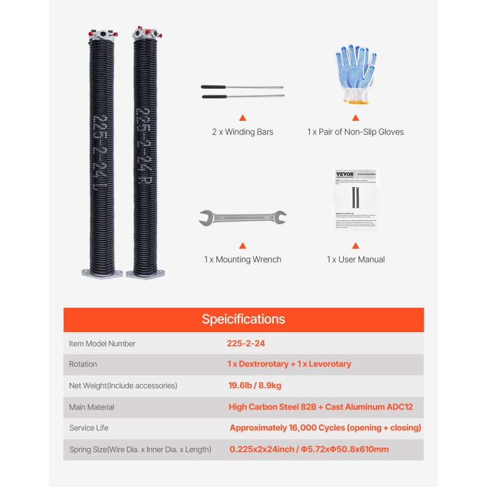 VEVOR Garage Door Torsion Springs, Pair of 0.225 x 2 x 24 in, 16000 Cycles, Electrophoresis Black Coated for Replacement, Garage Door Springs with Non-Slip Winding Bars, Gloves and Mounting Wrench