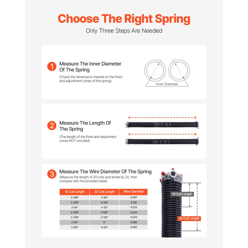 VEVOR Garage Door Torsion Springs, Pair of 0.25 x 2 x 32 in, 16000 Cycles, Electrophoresis Black Coated for Replacement, Garage Door Springs with Non-Slip Winding Bars, Gloves and Mounting Wrench