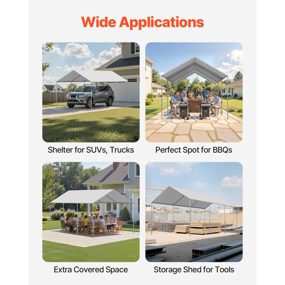 VEVOR Carport Replacement Canopy, 10 x 20 ft Potable Garage Tent Top Tarp, UV-Resistant & Waterproof Car Shelter Tarp, Heavy Duty Car Port Cover with Ball Buggees, Grey, Frame Not Included