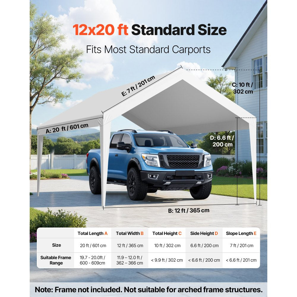 VEVOR Carport Replacement Canopy, 12 x 20 ft Potable Garage Tent Top Tarp, UV-Resistant & Waterproof Car Shelter Tarp, Heavy Duty Car Port Cover with Ball Buggees, White, Frame Not Included
