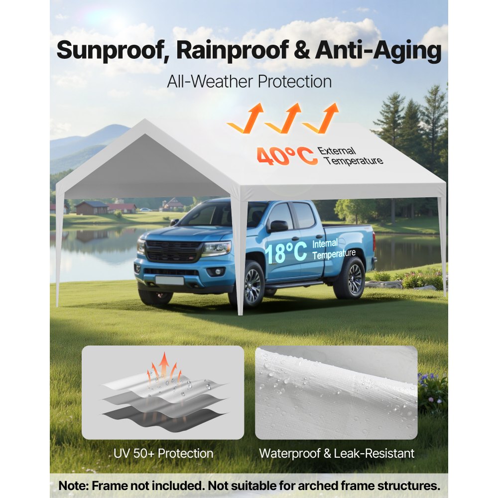 VEVOR Carport Replacement Canopy, 12 x 20 ft Potable Garage Tent Top Tarp, UV-Resistant & Waterproof Car Shelter Tarp, Heavy Duty Car Port Cover with Ball Buggees, White, Frame Not Included