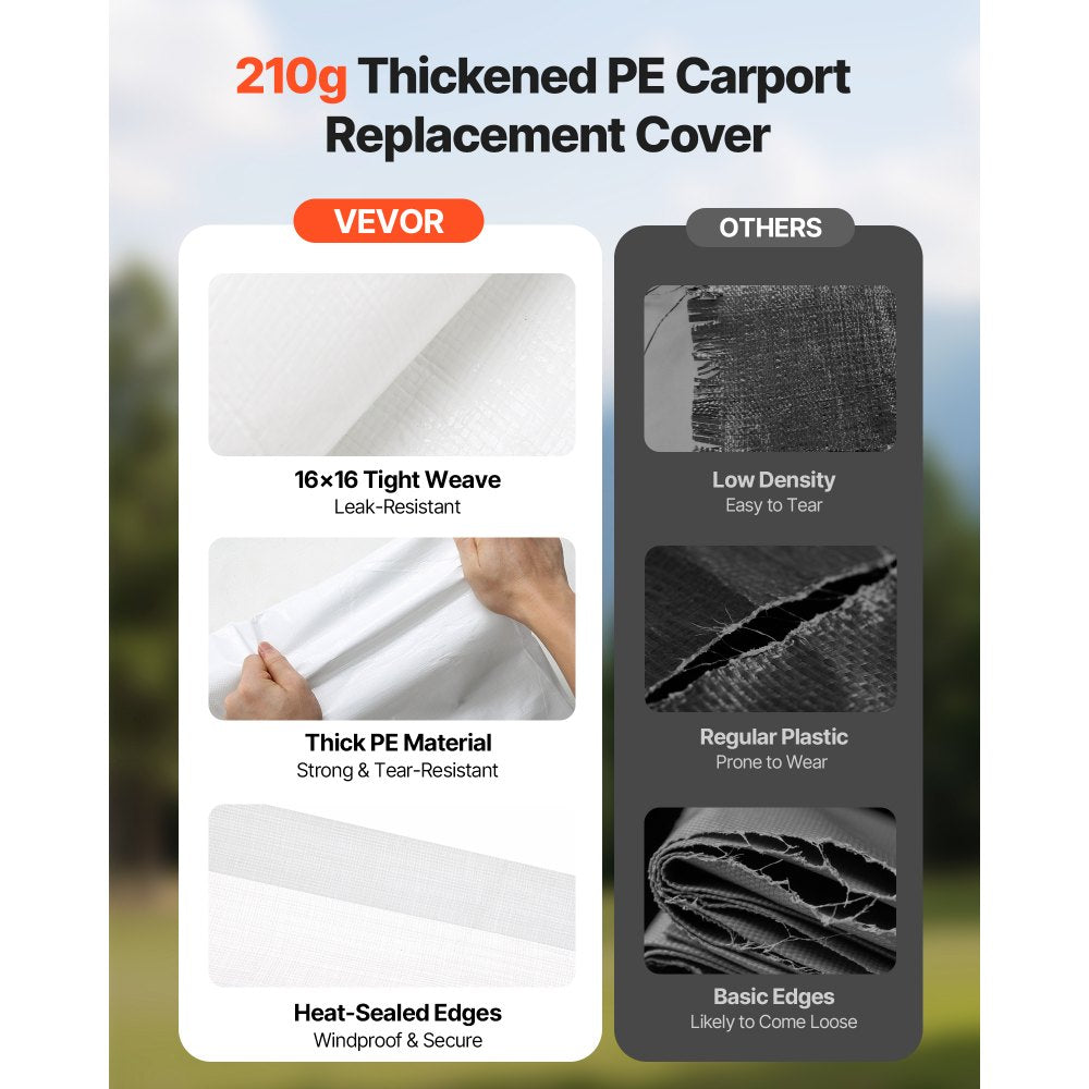 VEVOR Carport Replacement Canopy, 12 x 20 ft Potable Garage Tent Top Tarp, UV-Resistant & Waterproof Car Shelter Tarp, Heavy Duty Car Port Cover with Ball Buggees, White, Frame Not Included