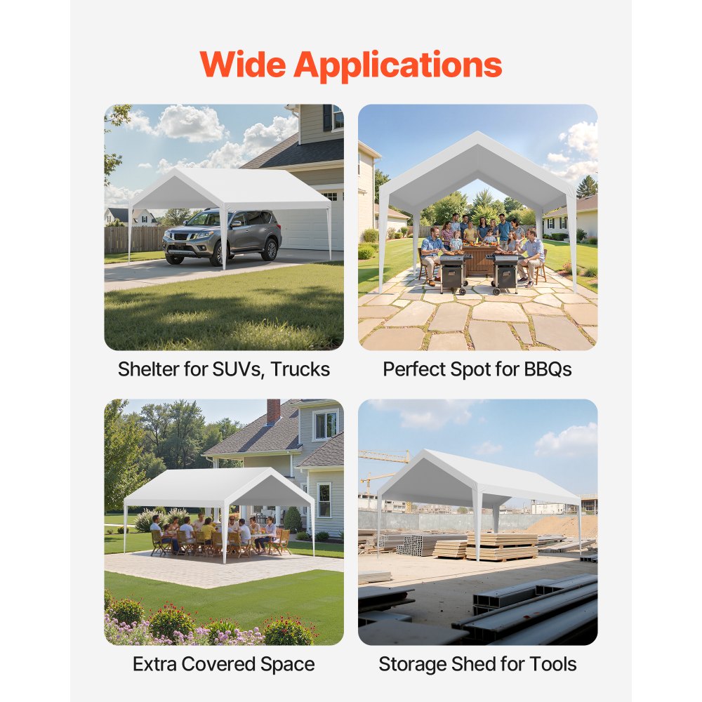 VEVOR Carport Replacement Canopy, 12 x 20 ft Potable Garage Tent Top Tarp, UV-Resistant & Waterproof Car Shelter Tarp, Heavy Duty Car Port Cover with Ball Buggees, White, Frame Not Included
