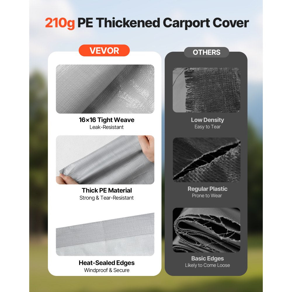 VEVOR Carport Replacement Canopy, 12 x 20 ft Potable Garage Tent Top Tarp with Sidewalls, UV-Resistant & Waterproof, Heavy Duty Car Shelter Tarp with Ball Buggees, Grey, Frame Not Included