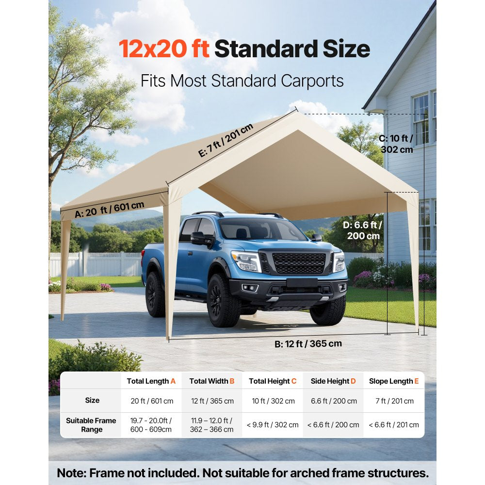 VEVOR Carport Replacement Canopy, 12 x 20 ft Potable Garage Tent Top Tarp, UV-Resistant & Waterproof Car Shelter Tarp, Heavy Duty Car Port Cover with Ball Buggees, Beige, Frame Not Included