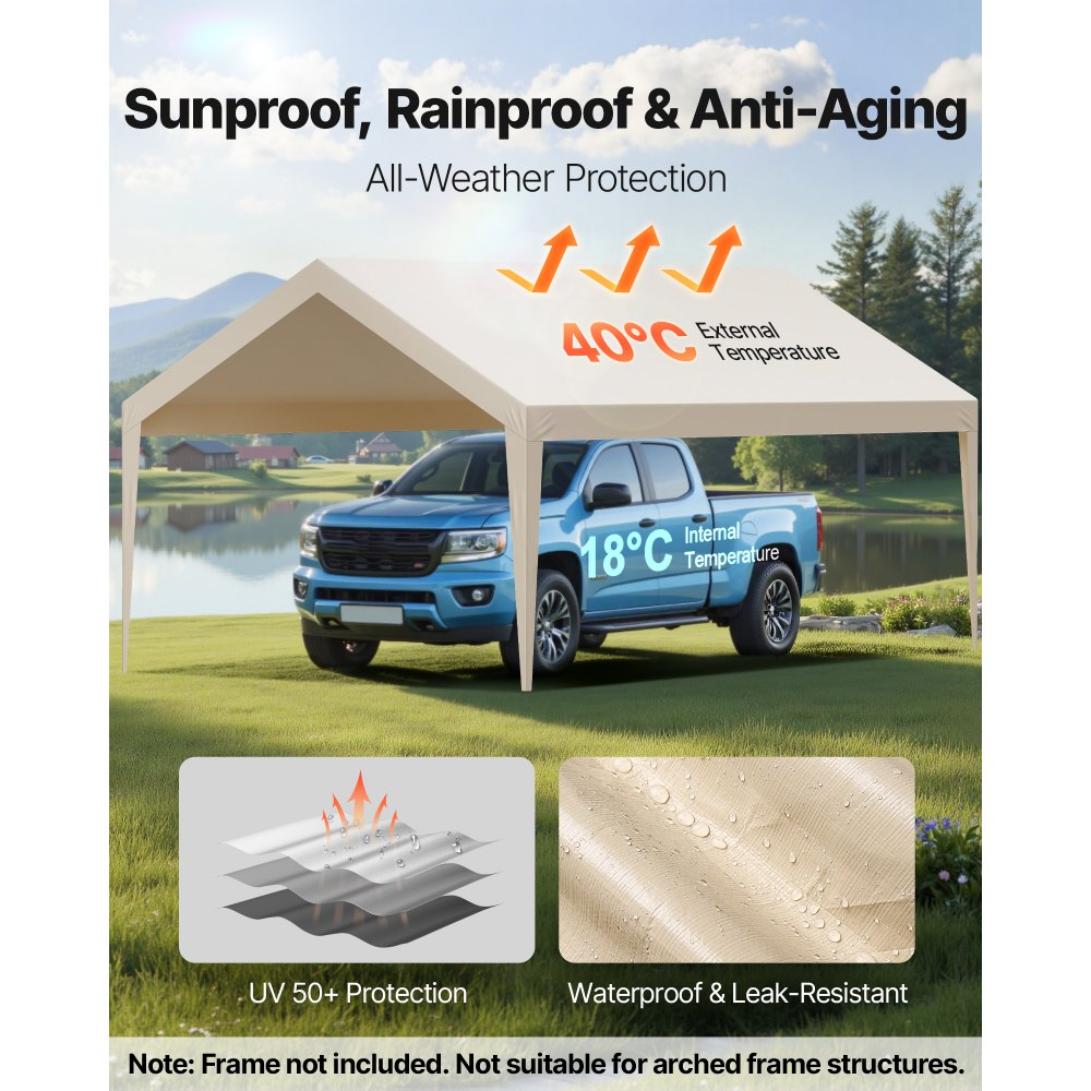VEVOR Carport Replacement Canopy, 12 x 20 ft Potable Garage Tent Top Tarp, UV-Resistant & Waterproof Car Shelter Tarp, Heavy Duty Car Port Cover with Ball Buggees, Beige, Frame Not Included