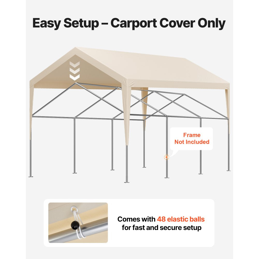 VEVOR Carport Replacement Canopy, 12 x 20 ft Potable Garage Tent Top Tarp, UV-Resistant & Waterproof Car Shelter Tarp, Heavy Duty Car Port Cover with Ball Buggees, Beige, Frame Not Included