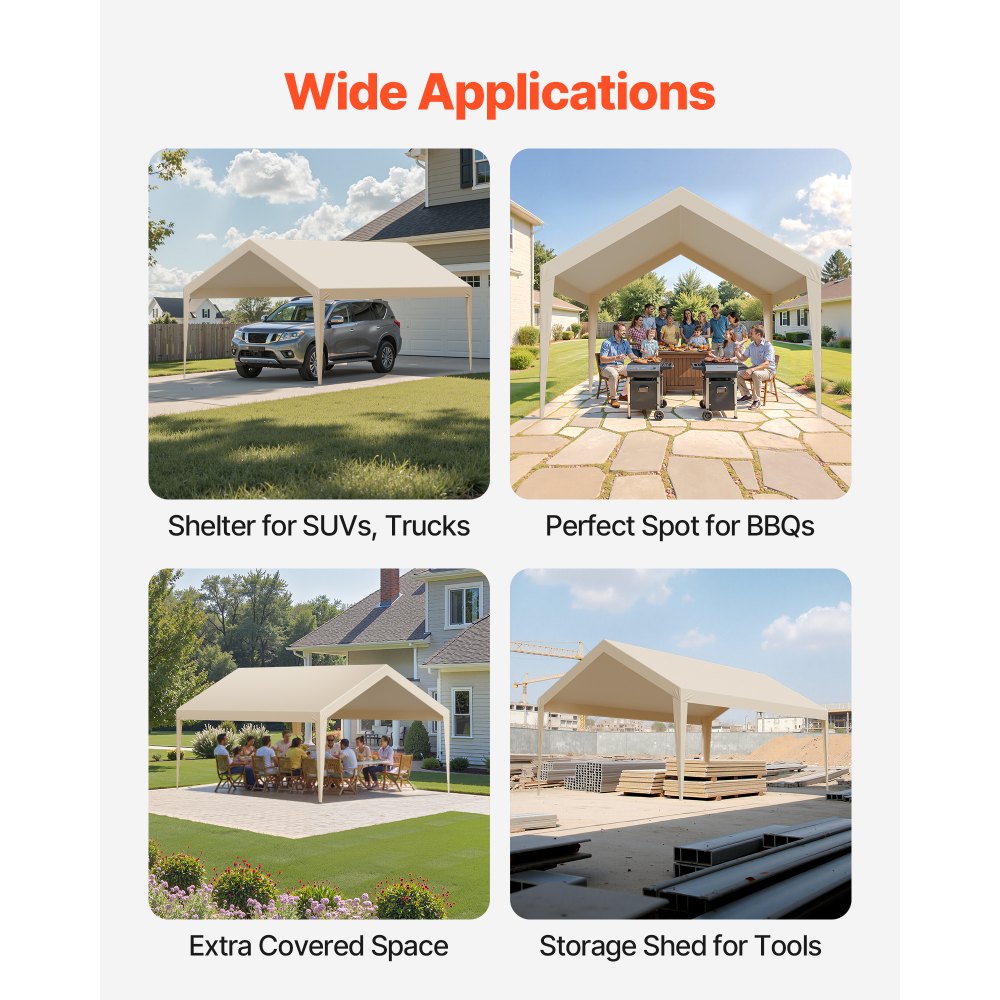 VEVOR Carport Replacement Canopy, 12 x 20 ft Potable Garage Tent Top Tarp, UV-Resistant & Waterproof Car Shelter Tarp, Heavy Duty Car Port Cover with Ball Buggees, Beige, Frame Not Included