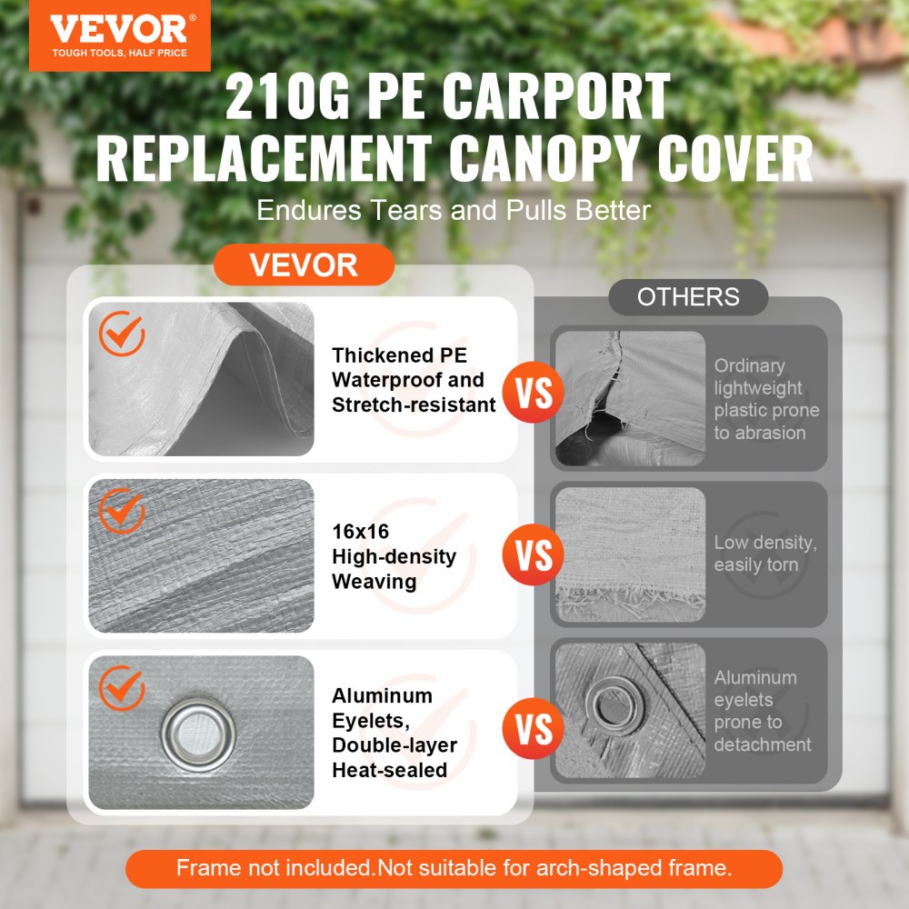 VEVOR Carport Replacement Canopy Cover 13 x 20 ft, Garage Top Tent Shelter Tarp Heavy-Duty Waterproof & UV Protected, Easy Installation with Ball Bungees,Grey (Only Top Cover, Frame Not Include)