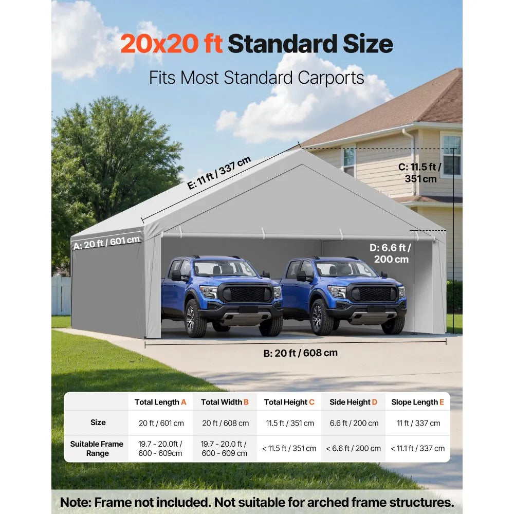 VEVOR Carport Replacement Canopy, 20 x 20 ft Potable Garage Tent Top Tarp with Sidewalls, UV-Resistant & Waterproof, Heavy Duty Car Shelter Tarp with Ball Buggees, Grey, Frame Not Included