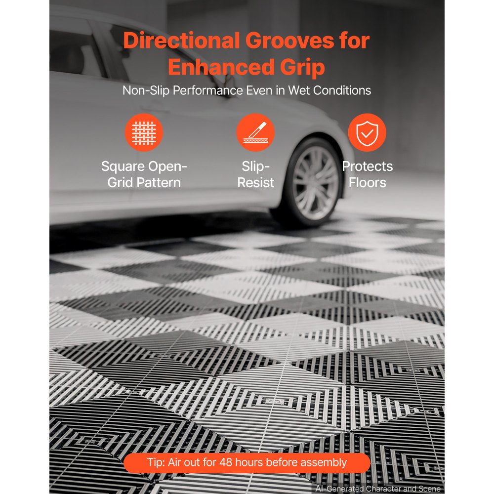 VEVOR Interlocking Drainage Mats 75 Pack 12 x 12 in Black Floor Tiles, for Garages Basements Car Wash Shops, Non-Slip Heavy-Duty PP Modular Interlocking Cushion, 0.6 in Thickened, Easy to Clean
