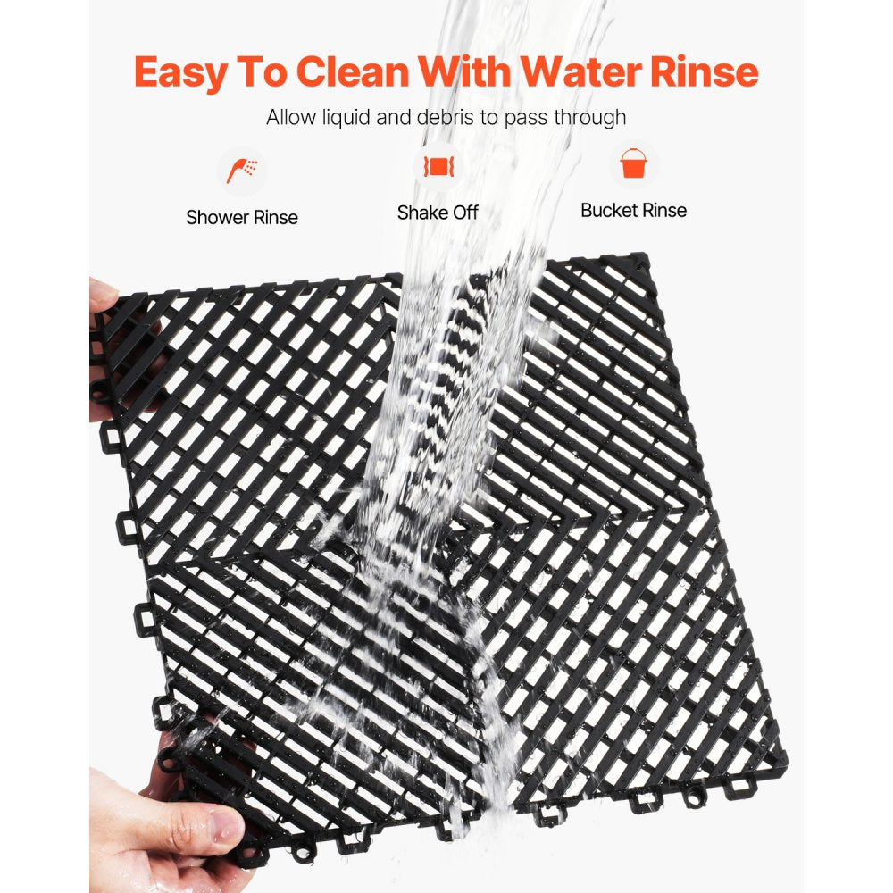 VEVOR Interlocking Drainage Mat, 12” x 12” Modular Interlocking Cushion, 12 Pcs Splicing Drainage Mats, Non-Slip Black PP Drainage Floor Tile and Shower Mat, for Garage, Garden, Kitchen & Outdoor