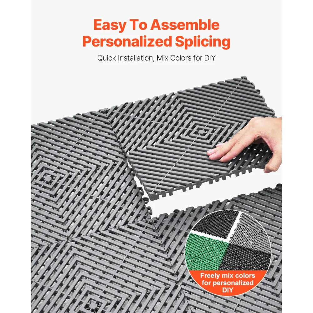 VEVOR Interlocking Drainage Mat, 12” x 12” Modular Interlocking Cushion, 24 Pcs Splicing Drainage Mats, Non-Slip Gray PP Drainage Floor Tile and Shower Mat, for Garage, Garden, Kitchen & Outdoor