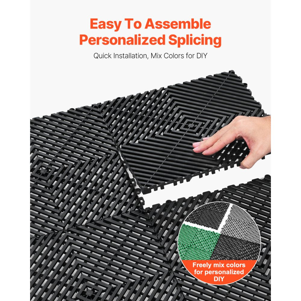 VEVOR Interlocking Drainage Mat, 12” x 12” Modular Interlocking Cushion, 55 Pcs Splicing Drainage Mats, Non-Slip Black PP Drainage Floor Tile and Shower Mat, for Garage, Garden, Kitchen & Outdoor