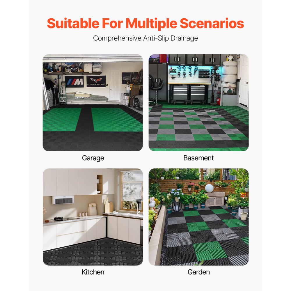 VEVOR Interlocking Drainage Mat, 12” x 12” Modular Interlocking Cushion, 55 Pcs Splicing Drainage Mats, Non-Slip Black PP Drainage Floor Tile and Shower Mat, for Garage, Garden, Kitchen & Outdoor