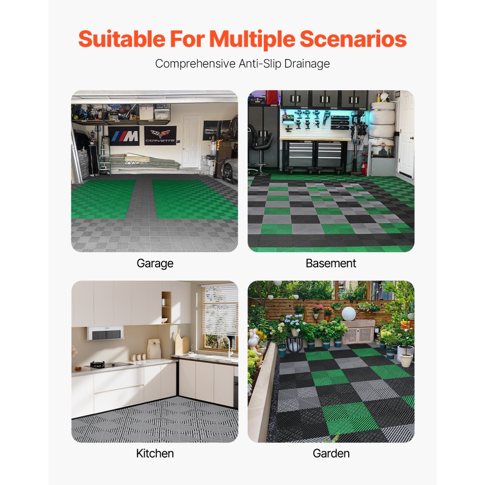 VEVOR Interlocking Drainage Mat, 12” x 12” Modular Interlocking Cushion, 40 Pcs Splicing Drainage Mats, Non-Slip Gray PP Drainage Floor Tile and Shower Mat, for Garage, Garden, Kitchen & Outdoor