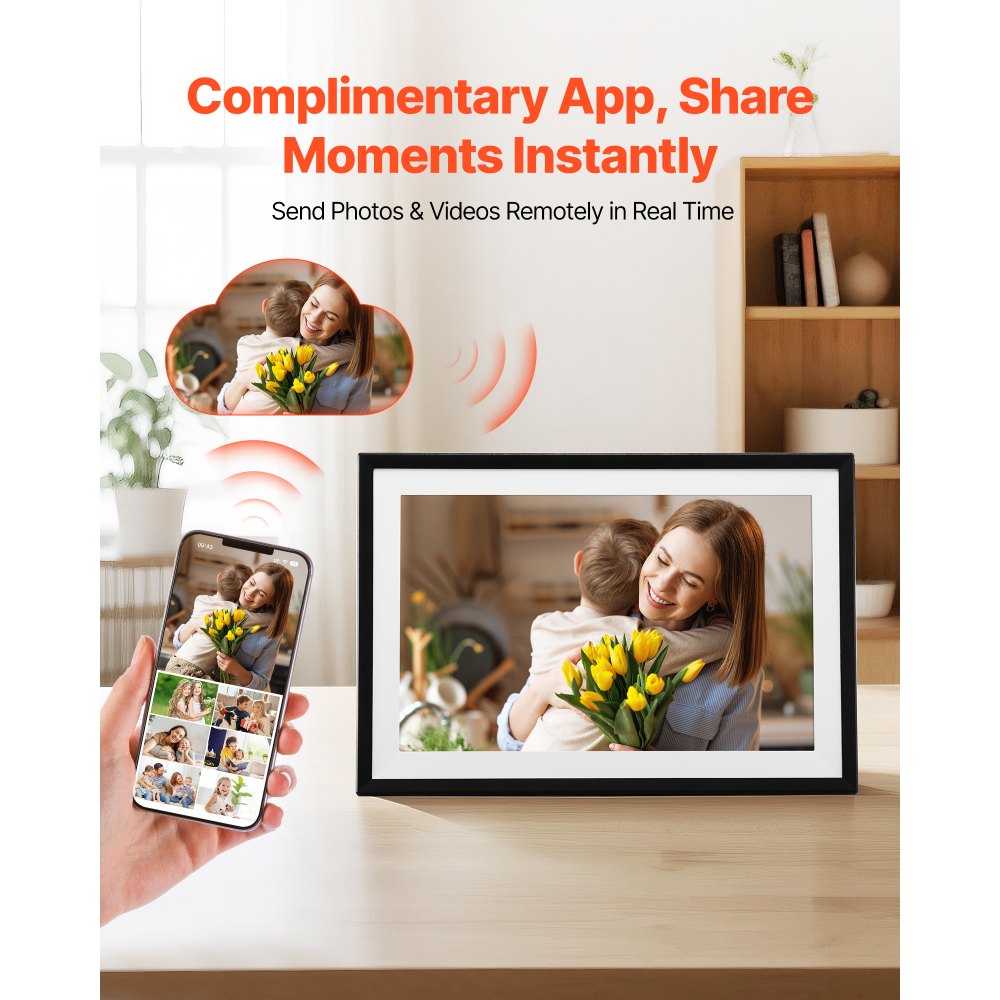 VEVOR Digital Picture Frame 10.1 Inch, 1280x800 HD IPS Touch Screen Electronic Photo Frame, 32GB Memory, Auto-Rotate Portrait and Landscape, Share Photos/Videos Instantly via App, for Parents Friends