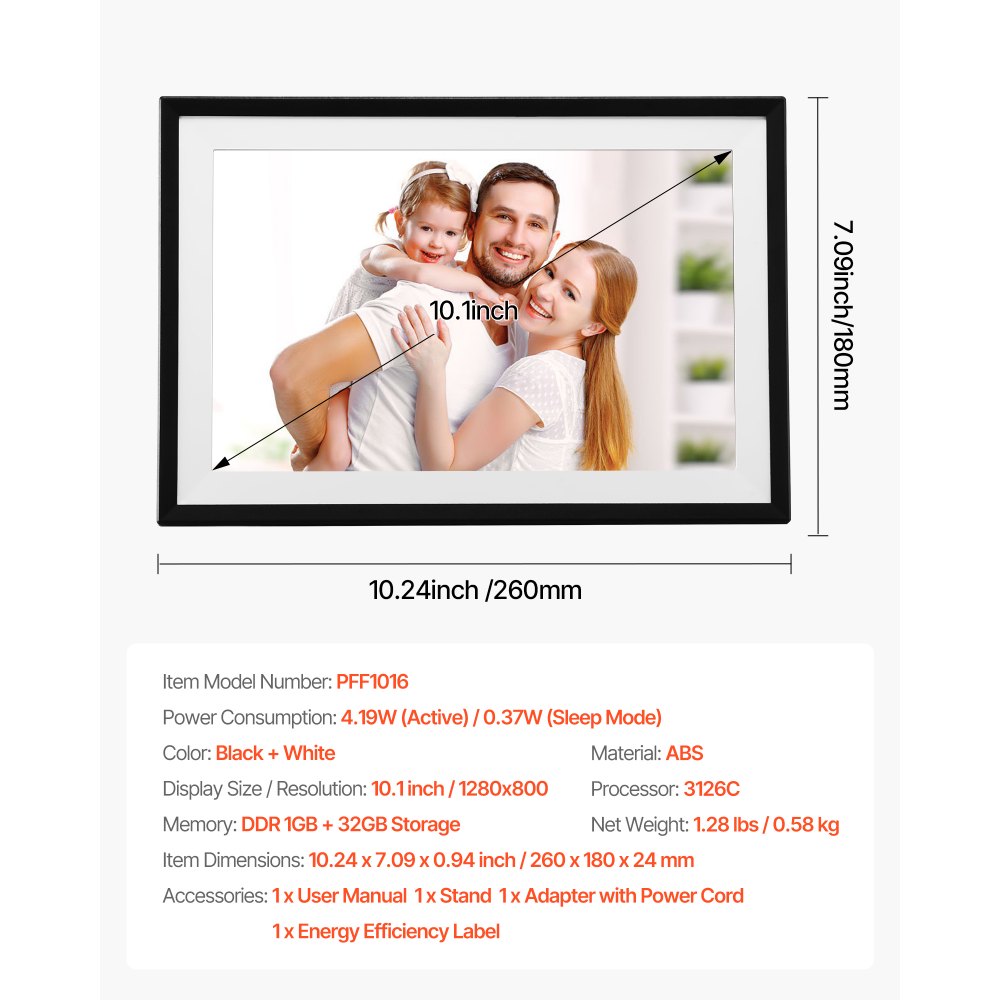 VEVOR Digital Picture Frame 10.1 Inch, 1280x800 HD IPS Touch Screen Electronic Photo Frame, 32GB Memory, Auto-Rotate Portrait and Landscape, Share Photos/Videos Instantly via App, for Parents Friends