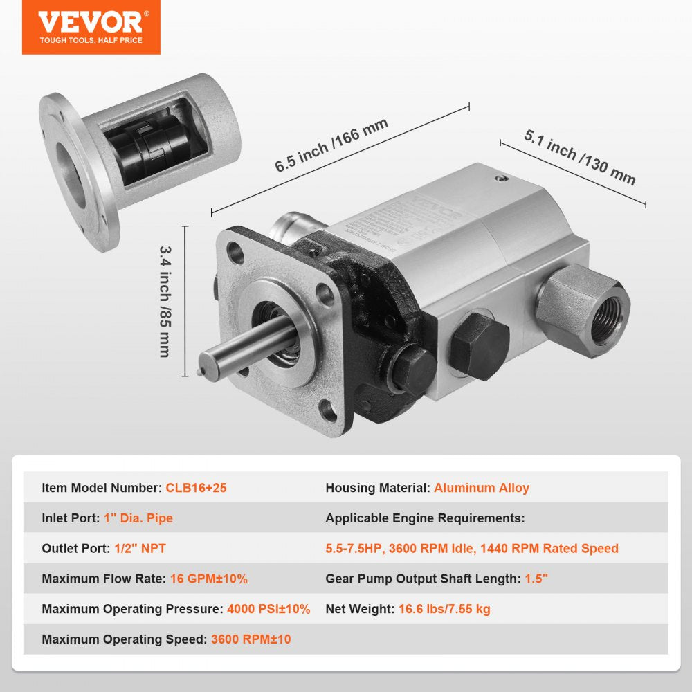 VEVOR Hydraulic Wood Log Splitter Pump Kit, 16 GPM, 2 Stage 4000 PSI Aluminum Hydraulic Gear Pump, with Valve 1'' Inlet 1/2'' NPT Outlet 3600 RPM, for Small Engine Mounting Log Splitters