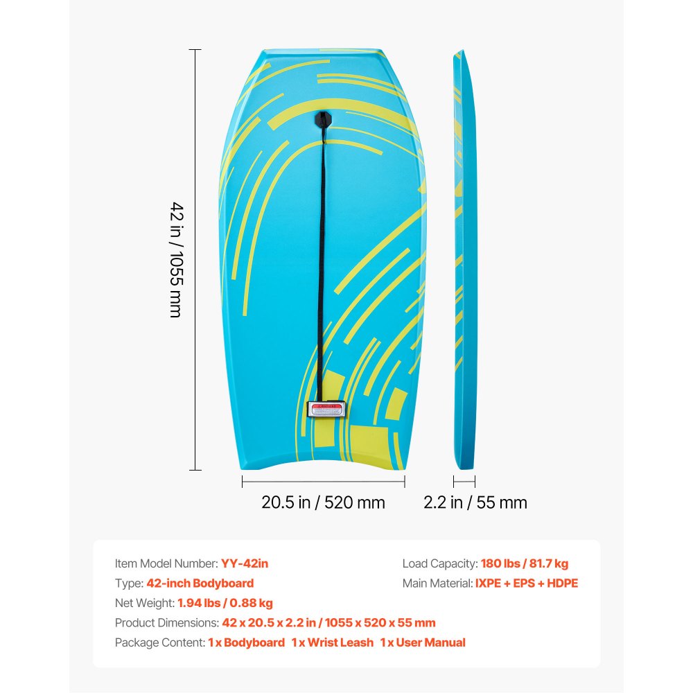 VEVOR 42-Inch Bodyboard, Body Board Trainer with EPS Foam Core & Wrist Leash, UV-Resistant Beach Bodyboard for Beginners, Youth Up to 180 lbs