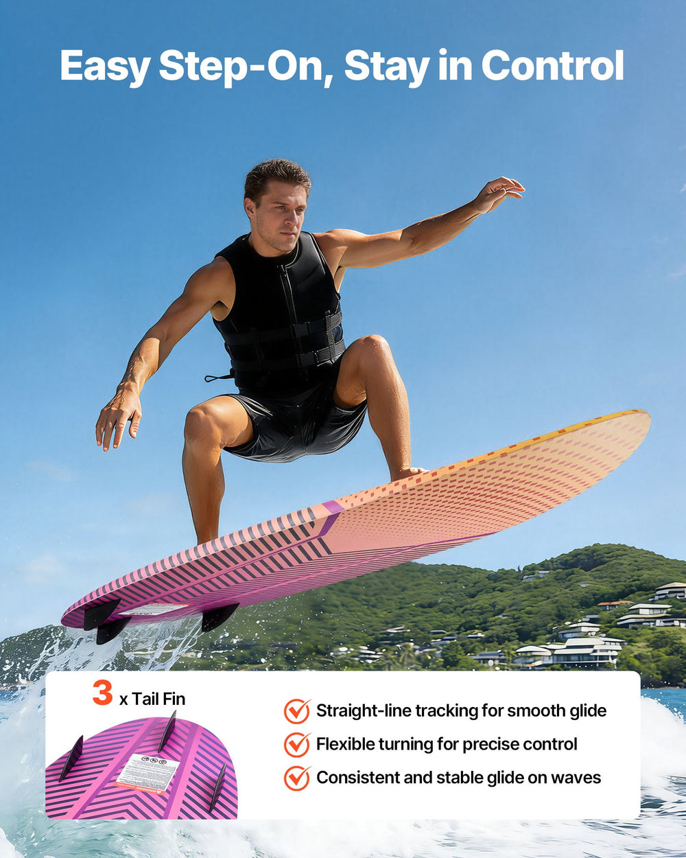 VEVOR wakesurf board - 3 tail fins for control and tracking