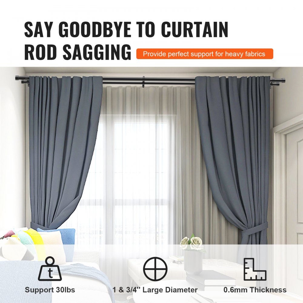 VEVOR 1 Inch Double Curtain Rods 74 to 144 Inches(6-12ft), Drapery Rods for Windows 69 to 140 Inches, Telescoping Dual Curtain Rod with Round Finials, Black