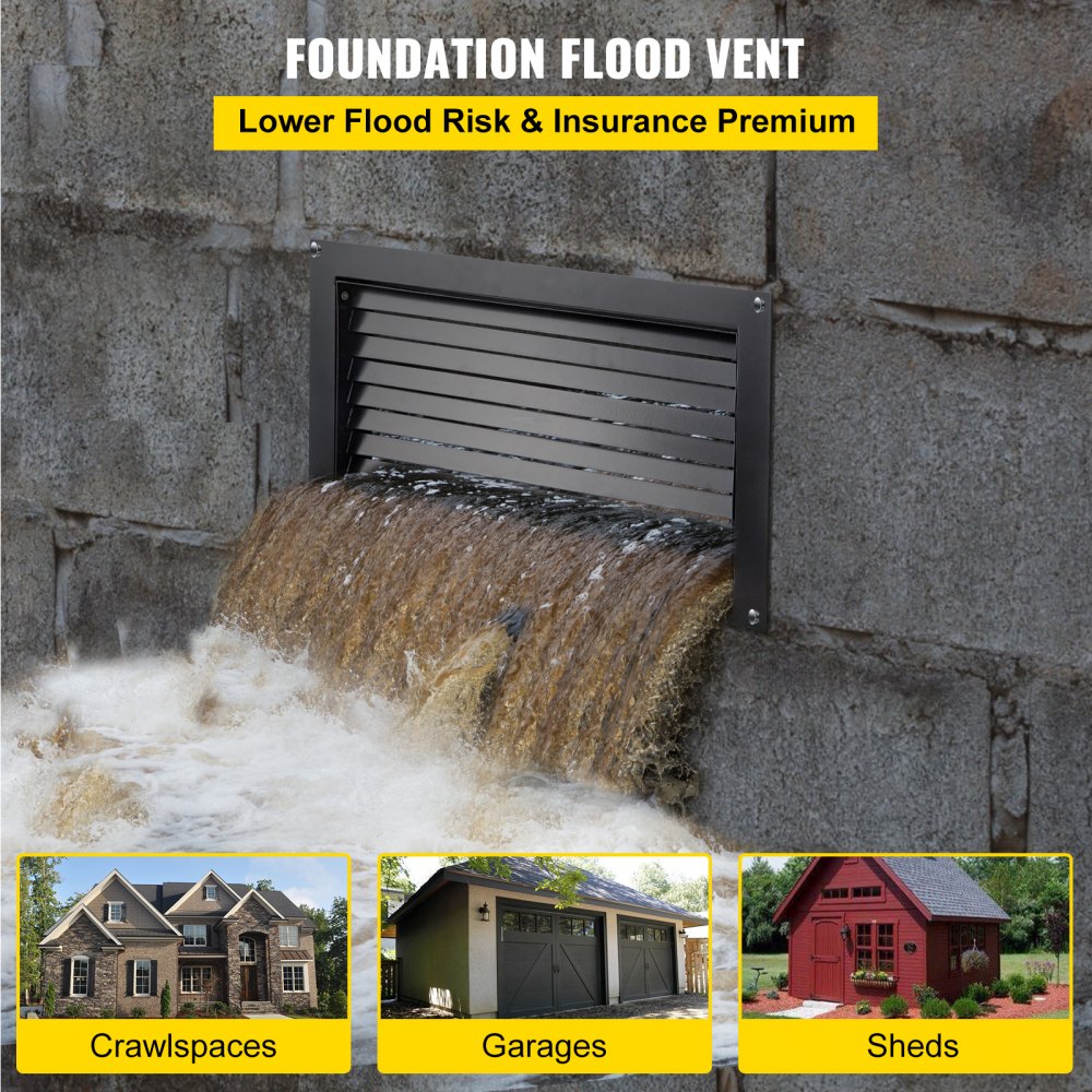 VEVOR Flood Vent, 16\" X 32\" Foundation Flood Vent, to Reduce Foundation Damage and Flood Risk, Black, Wall Mounted Flood Vent, for Crawl Spaces,Garages & Full Height Enclosures (16\" X 32\")