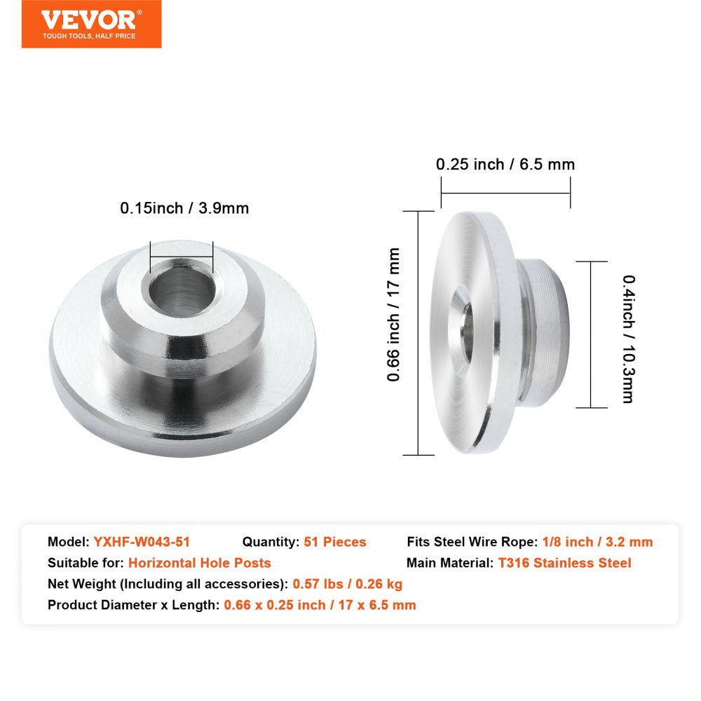 VEVOR 51Pack Cable Railing Kit 1/8" Wheel Protector Sleeves, Bundle with Black Invisible 1/8" Swage Tensioner and Terminal, Cable Railing Post Safeguard Covers for 0.41inch Horizontal Hole Post