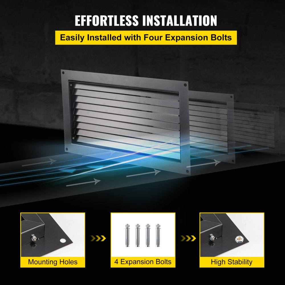VEVOR Foundation Flood Vent, 8\" Height x 16\" Width Flood Vent, to Reduce Foundation Damage and Flood Risk, Black, Wall Mounted Flood Vent, for Garages & Full Height Enclosures