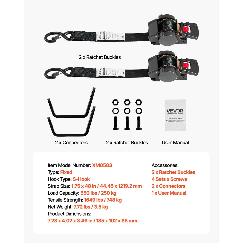 VEVOR Wheel Chock Tie-Down Kit, Fixed Trailer Tie Down Strap, Car Tie Down Kit with S-Hook, Break Strength 1649 lbs & Working Load 550 lbs Motorcycle Tie-Down System for Trailers, Boats, Snowmobiles