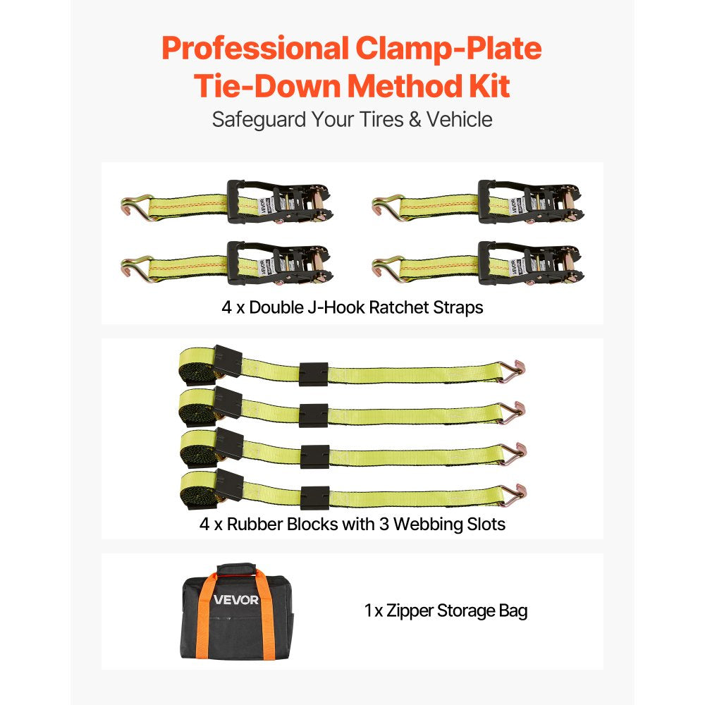 VEVOR Wheel Chock Tie-Down Kit, Deck-Style Trailer Tie Down Strap, Car Tie Down Kit with J-Hook, Break Strength 10009 lbs & Working Load 3333 lbs Motorcycle Tie-Down System for SUVs, Trailers, Trucks