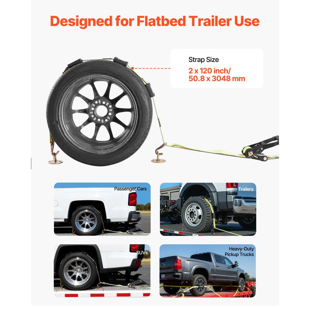 VEVOR Wheel Chock Tie-Down Kit, Deck-Style Trailer Tie Down Strap, Car Tie Down Kit with J-Hook, Break Strength 10009 lbs & Working Load 3333 lbs Motorcycle Tie-Down System for SUVs, Trailers, Trucks