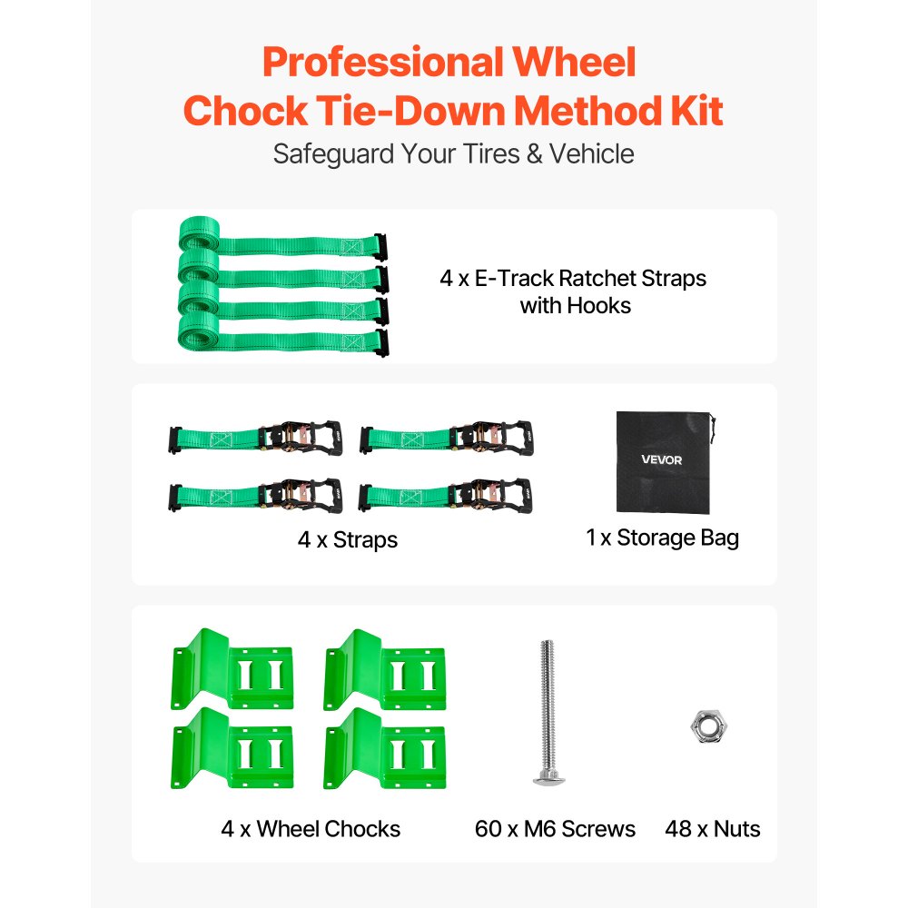 VEVOR Wheel Chock Tie-Down Kit, Chock-Style Trailer Tie Down Strap, Car Tie Down Kit with Buckle, Break Strength 4380 lbs & Working Load 1460 lbs Motorcycle Tie-Down System E-Hooks for ATVs, UTVs