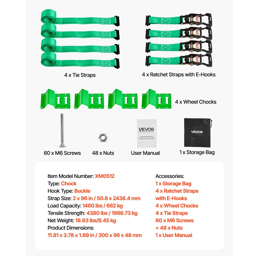 VEVOR Wheel Chock Tie-Down Kit, Chock-Style Trailer Tie Down Strap, Car Tie Down Kit with Buckle, Break Strength 4380 lbs & Working Load 1460 lbs Motorcycle Tie-Down System E-Hooks for ATVs, UTVs