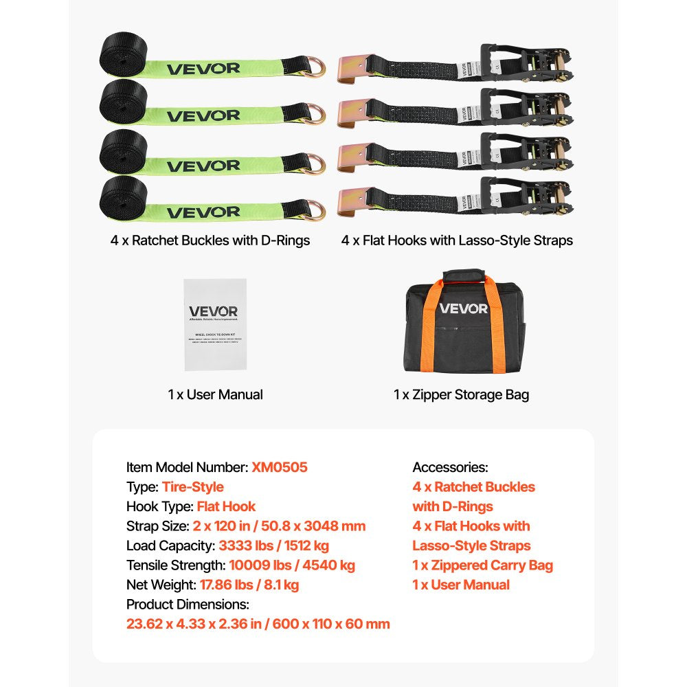 VEVOR Wheel Chock Tie-Down Kit, Tire-Style Trailer Tie Down Strap, Car Tie Down Kit with Flat Hook, Break Strength 10009 lbs & Working Load 3333 lbs Motorcycle Tie-Down System for ATVs, SUVs, Trailers