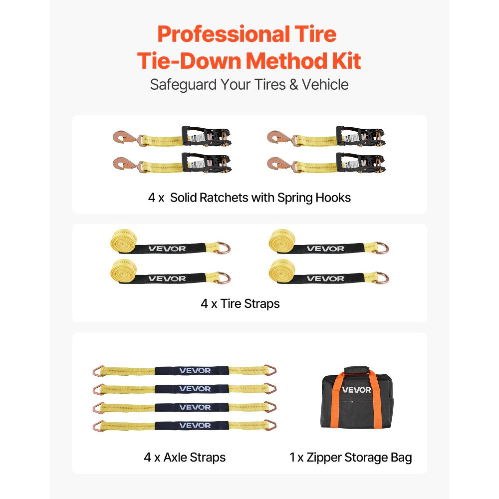 VEVOR Wheel Chock Tie-Down Kit, Tire-Style Trailer Tie Down Strap, Car Tie Down Kit with Spring Hook, Break Strength 10009 lbs & Working Load 3333 lbs Motorcycle Tie-Down System for ATV, SUV, Trailer