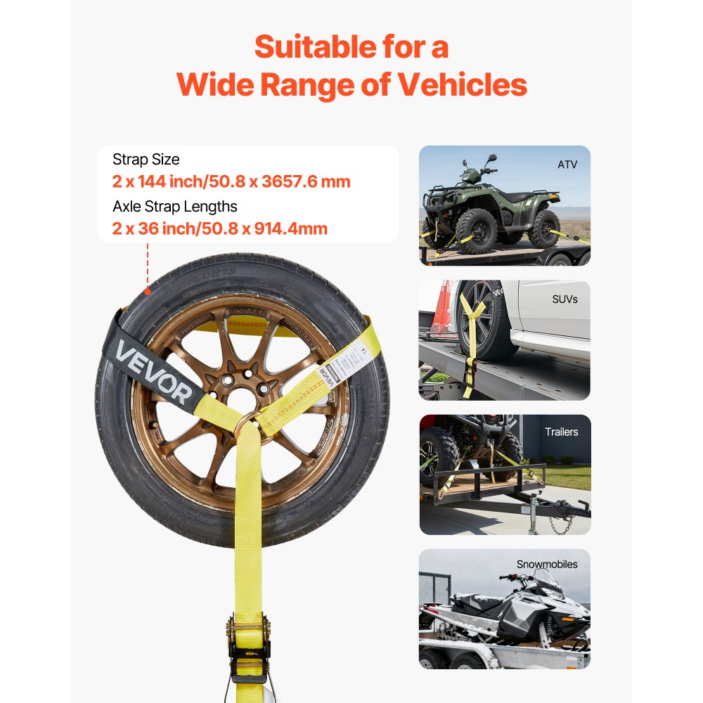 VEVOR Wheel Chock Tie-Down Kit, Tire-Style Trailer Tie Down Strap, Car Tie Down Kit with Spring Hook, Break Strength 10009 lbs & Working Load 3333 lbs Motorcycle Tie-Down System for ATV, SUV, Trailer