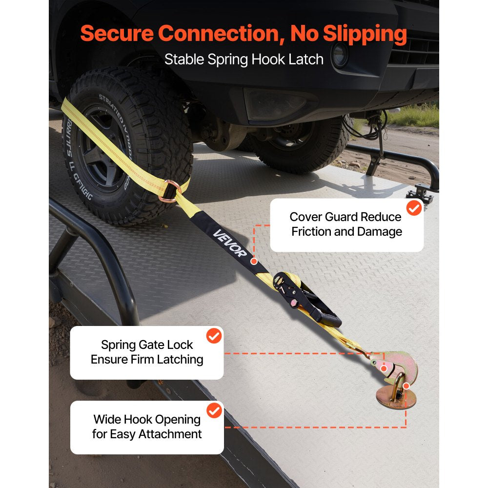 VEVOR Wheel Chock Tie-Down Kit, Tire-Style Trailer Tie Down Strap, Car Tie Down Kit with Spring Hook, Break Strength 10009 lbs & Working Load 3333 lbs Motorcycle Tie-Down System for ATV, SUV, Trailer