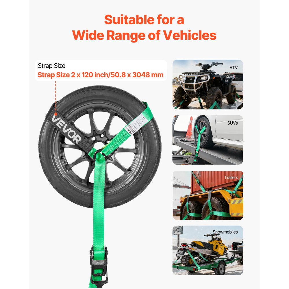 VEVOR Wheel Chock Tie-Down Kit, Tire-Style Tow Dolly Strap, Car Tie Down Kit with Heavy-Duty Hook, Break Strength 10009 lbs & Working Load 3333 lbs Motorcycle Tie-Down System with O-Ring for ATV, SUV