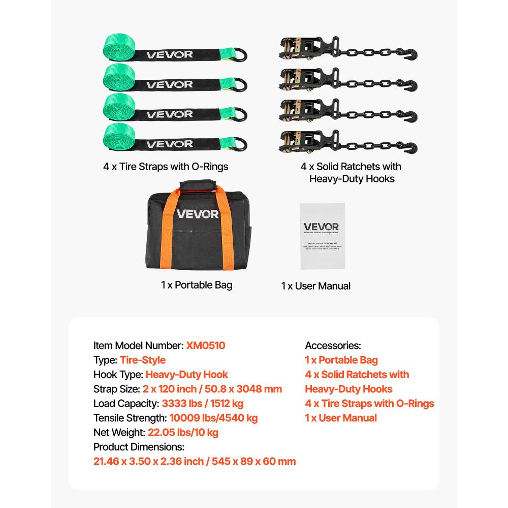 VEVOR Wheel Chock Tie-Down Kit, Tire-Style Tow Dolly Strap, Car Tie Down Kit with Heavy-Duty Hook, Break Strength 10009 lbs & Working Load 3333 lbs Motorcycle Tie-Down System with O-Ring for ATV, SUV