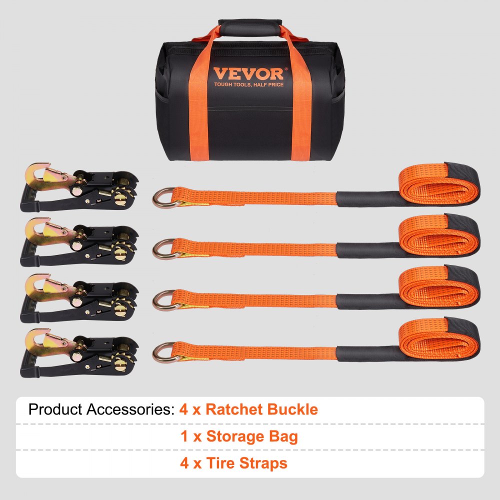 VEVOR Ratchet Tie Down Straps Kit, Lasso Style 2" x 120" Tire Straps, 5512 LBS Working Load, 11023 LBS Breaking Strength, Car Tie Down Straps with Snap Hooks for Passenger Car, Truck, Trailer, 4-Pack