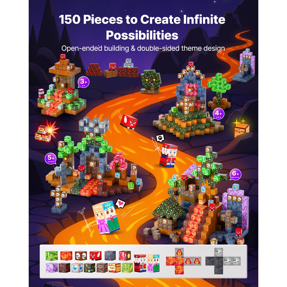 VEVOR Magnetic Blocks, 150 PCS Dark Castle Set, Magnetic Building Cubes for Kids, STEM Montessori Sensory Toys for Christmas Birthday Gift, Construction Stacking Toy for 3+ Years Old Boys & Girls