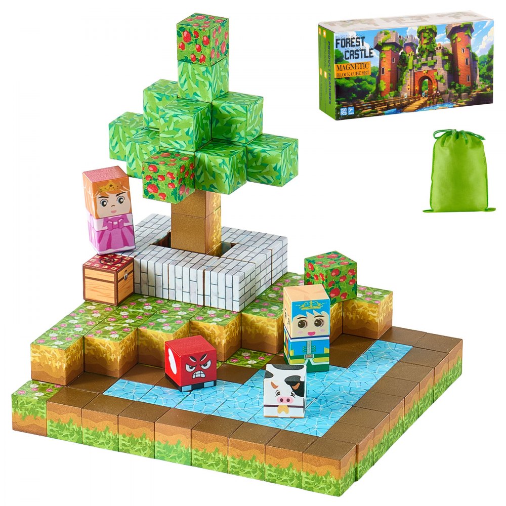 VEVOR Magnetic Blocks, 150 PCS Forest Castle Set, Magnetic Building Cubes for Kids, STEM Montessori Sensory Toys for Christmas Birthday Gift, Construction Stacking Toy for 3+ Years Old Boys & Girls