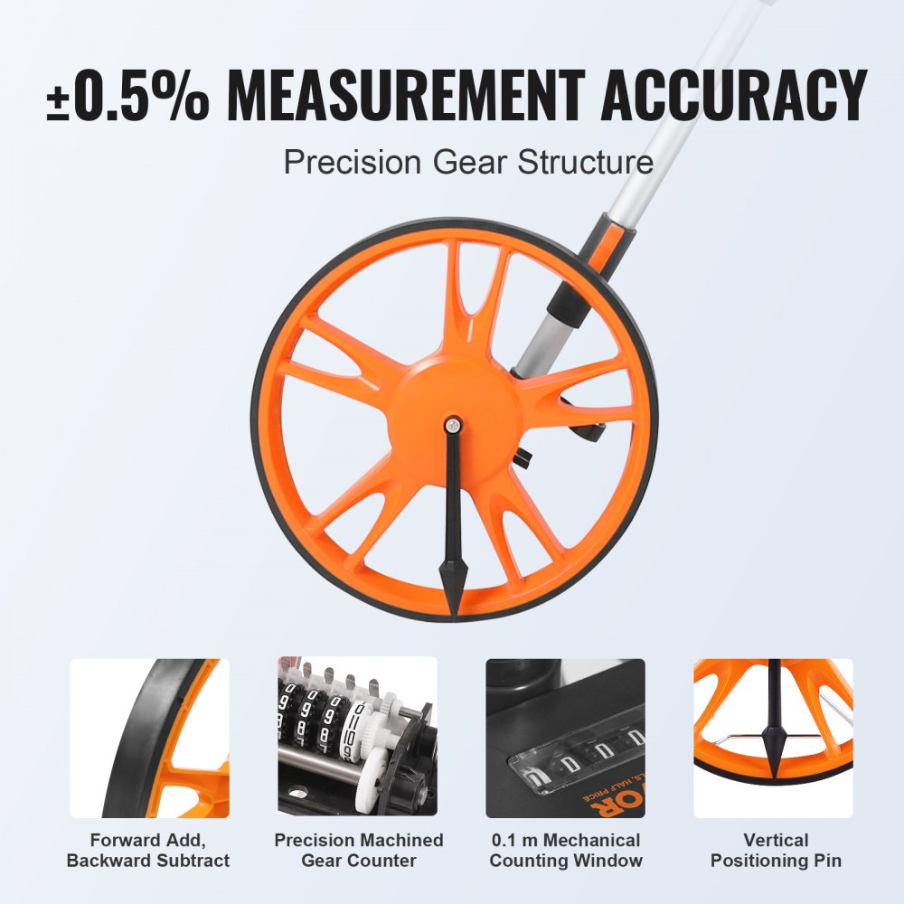VEVOR Measuring Wheel in Feet, 12.5 in Wheel Diameter, 39.37-15.75 in Telescoping Measure Wheel, Measurement 0-99999Ft with Back Bag, Suitable for Lawn/Hard/Soft/Wood Road Measuring