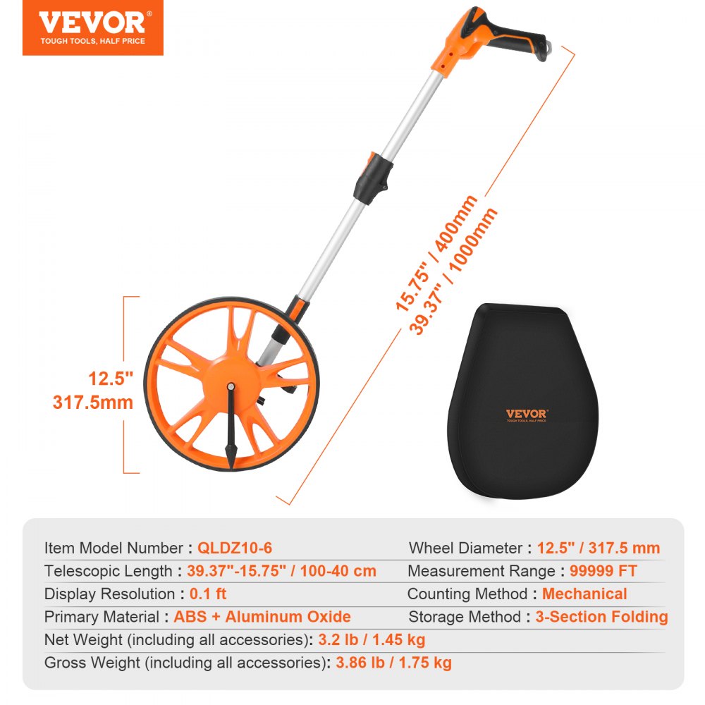 VEVOR Measuring Wheel in Feet, 12.5 in Wheel Diameter, 39.37-15.75 in Telescoping Measure Wheel, Measurement 0-99999Ft with Back Bag, Suitable for Lawn/Hard/Soft/Wood Road Measuring