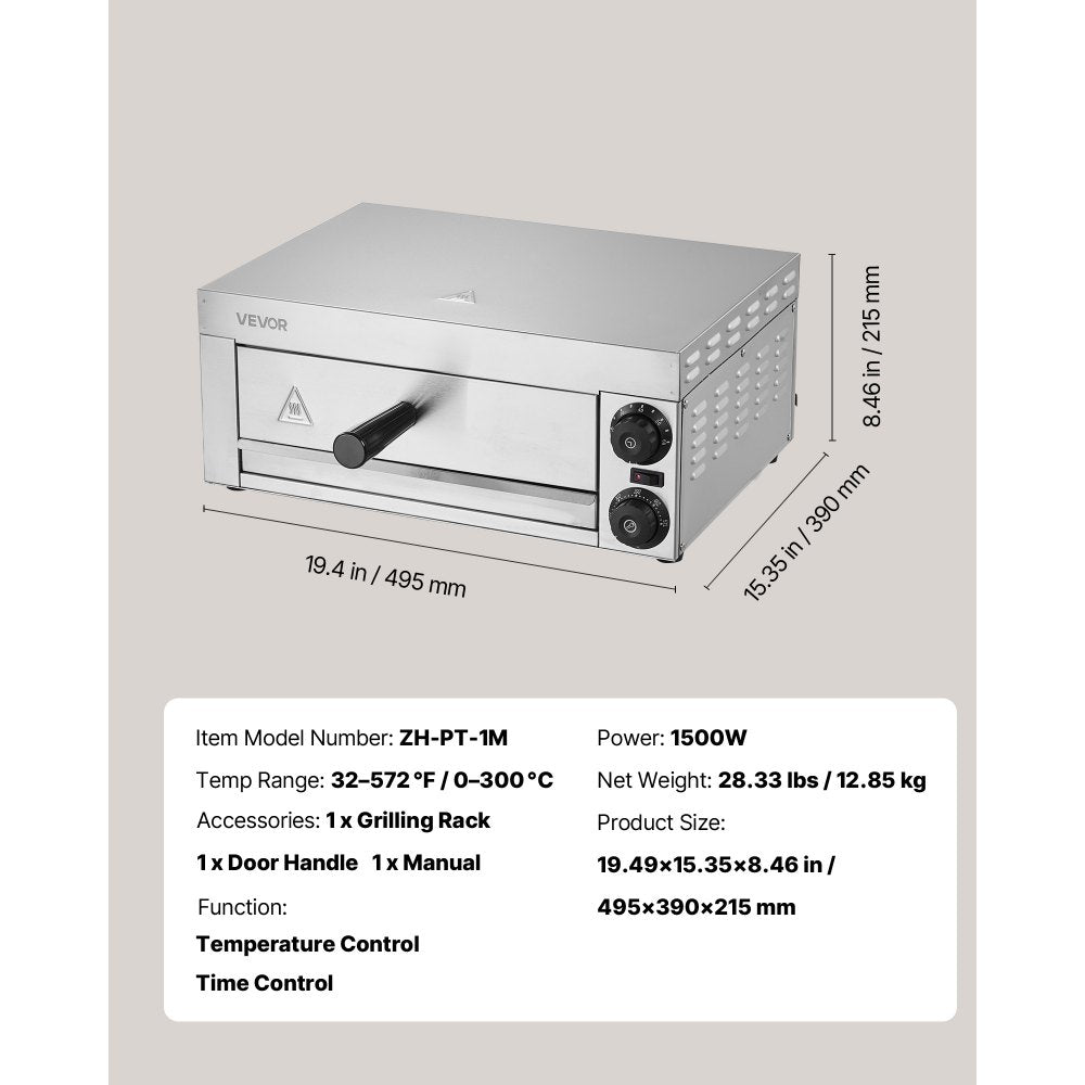 VEVOR Electric Pizza Oven for Countertops, 12-inch, 1500W, with Temp Control & 0-60 Min Timer, Even Baking Technology & Easy Clean Crumb Tray, Ideal for Both Commercial & Home Kitchens